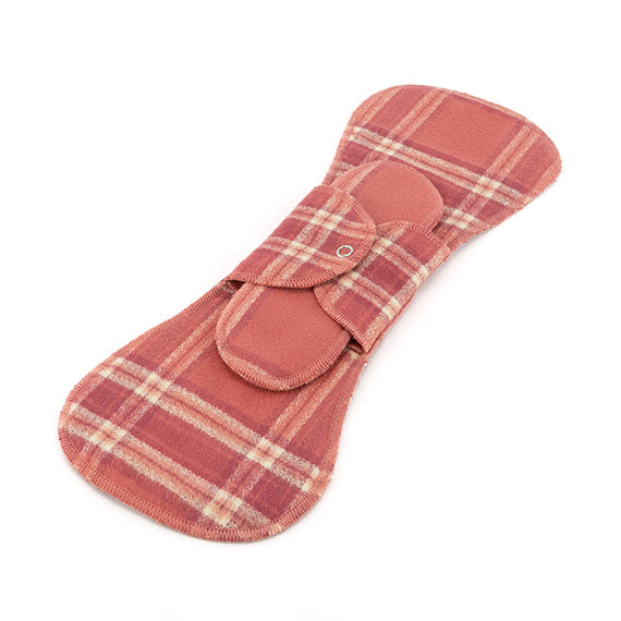 GladRags Organic Night Pad in Berry Plaid — long reusable cotton pad for overnight period protection