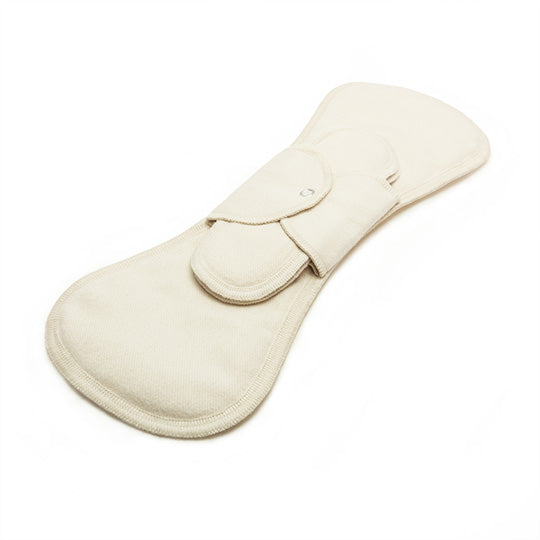 Reusable cloth night pad in white organic cotton with a white background 